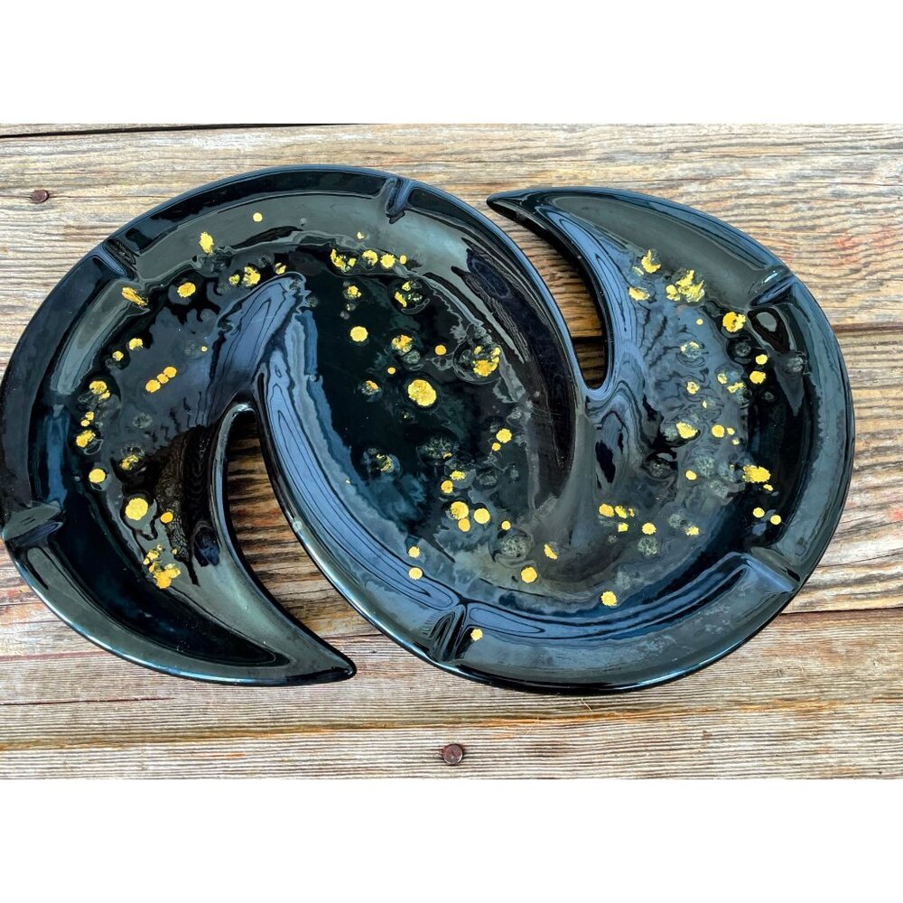 Vintage MCM Black/Gold Ceramic HUGE ashtray Boomerang Atomic 14x9" - Picture 13 of 13